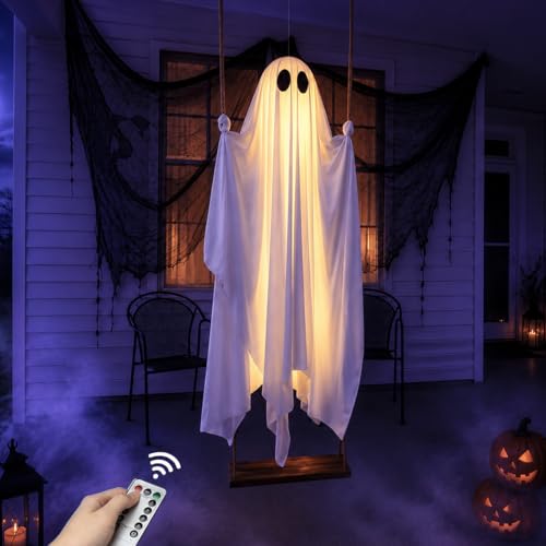 Halloween Decorations Outdoor - 5FT Large Hanging Ghost Swing with Remote Control String Lights & Upgraded Sheet Scary Ghost Halloween Party Decor Outside for Tree Porch Yard Garden Lawn
