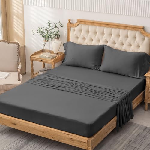 PURE ERA Jersey Knit 4pc Bed Sheet Set 100% T-Shirt Cotton Super Soft Comfy Breathable Fits Mattress Up to 20" Extra Deep Pocket (Solid Deep Grey, Queen)