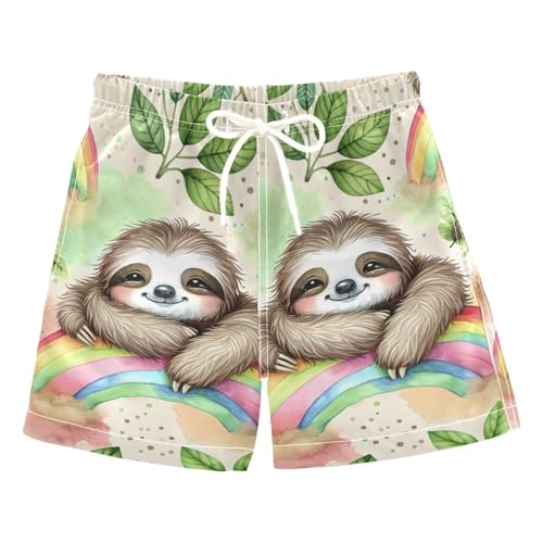 FLildon Sloth on Rainbow Little Boys Swim Trunks with Mesh Lining Quick Dry Beach Board Shorts, 3T