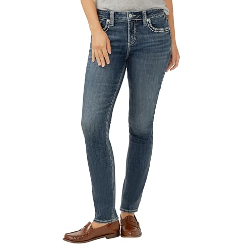Silver Jeans Co. Women's Elyse Mid Rise Comfort Fit Straight Leg Jeans, Dark Wash, 24W x 31L