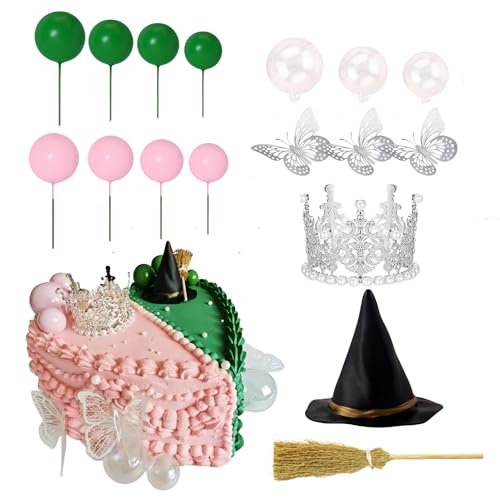 Uchyius Witch Theme Party Cake Topper Pink and Green Party Decrations Mini Crown Witches Hat for Birthday Cake Supplies