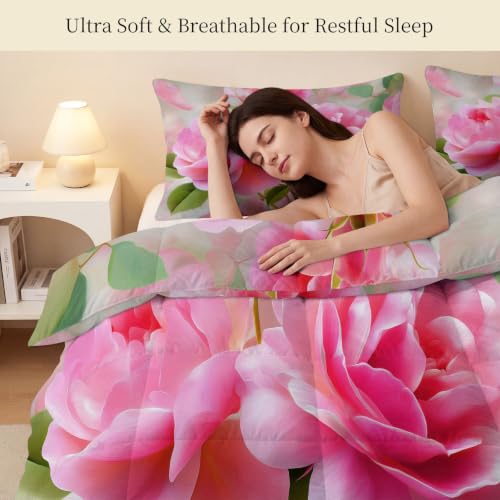 Edredón reversible de flores 200x200 cm con fundas de almohada rosa 8