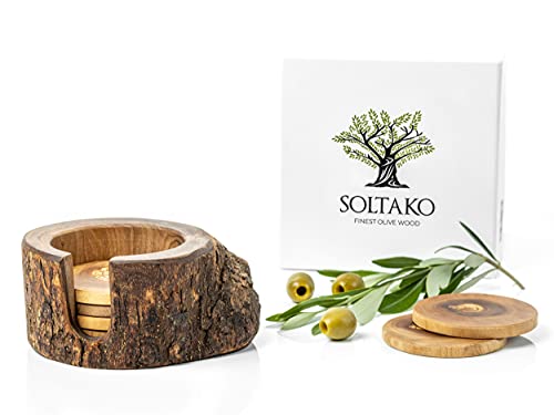 SOLTAKO Posavasos rústicos de Madera de Olivo, Juego de 6 Posavasos Resistentes al Calor, Tronco de Madera de Olivo, portabotellas, Juego de Troncos Decorativos, decoración navideña Cover