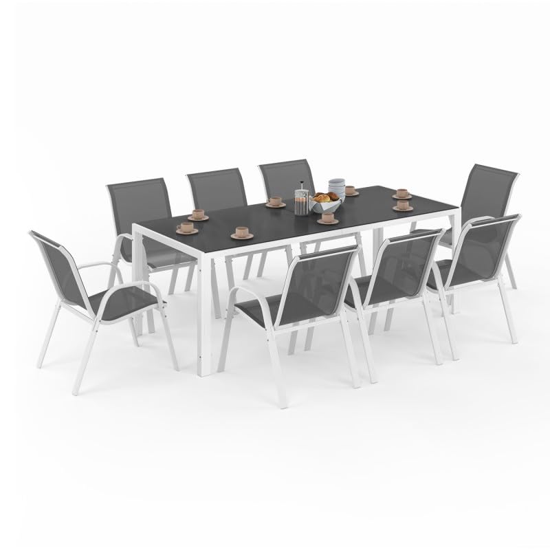IDMarket - Salón de Jardín Madrid Mesa 190 CM y 8 sillas apilables Estructura Blanca Bandeja Gris