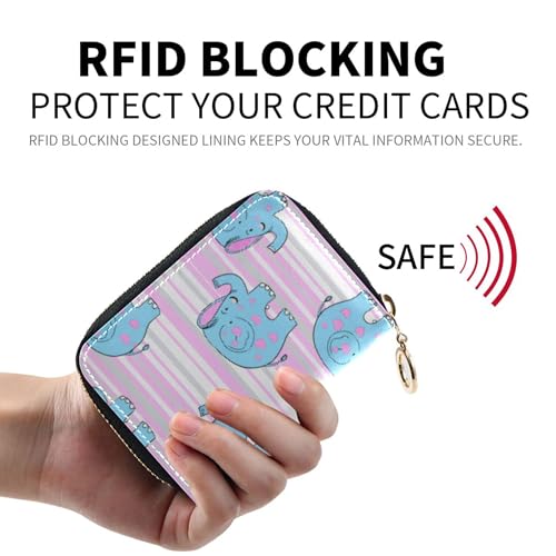 RFID Blocking Credit Card Holder Wallet for Women Leather Small Zipper Card and Cash Holder Picture Blue Elephants Hearts Pink2