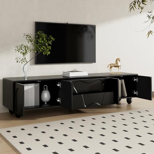 BENMWS Mueble para TV de 40 x 180 cm, color negro, con patas de madera, minimalista y elegante, con mucho espacio de almacenamiento, opciones de almacenamiento para salón con estilo