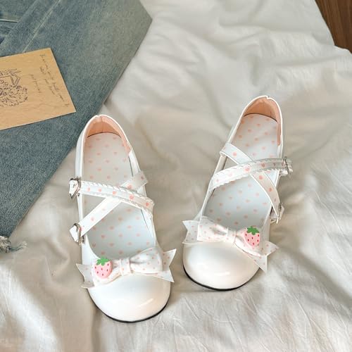 Women's Cross Strap Mary Jane Shoes Japanese Kawaii Strawberry Bow Round Toe Block Mid Heel Cute Pumps Lolita Cosplay Costume4