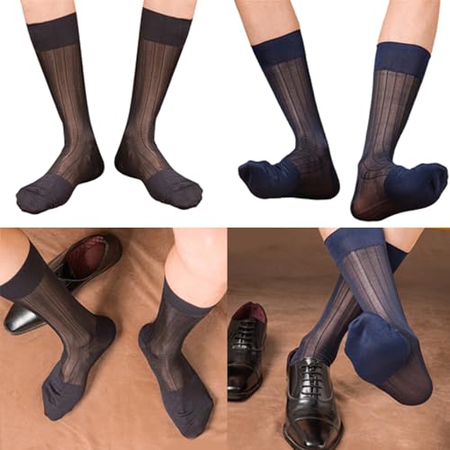 Socks,Mens Transparent Sheer Dress Socks Business Formal Suit Casual Thin Ribs Striped Middle Calf Socks2