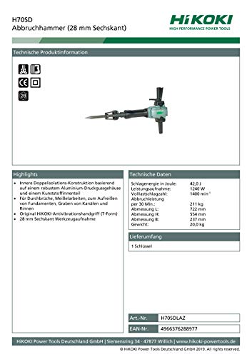 HiKOKI H70SD Abbruchhammer (28 mm Sechskant)-(1240 W,230V)-(Abbruchleistung 211 Kg (per 30 Min) – Bild 4