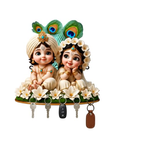 Image of Radha Krishna Wall Key Holder with 5 Hooks, Decorative Wooden Key Hanger for Home Entrance, Living Room & Pooja Room, Devotional Home Decor & Gifting