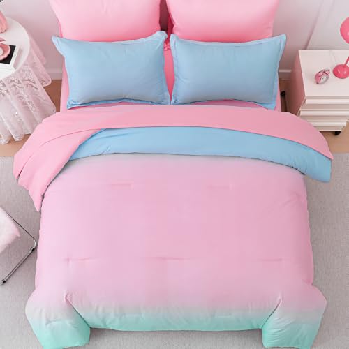 Image of Dinjoy Girls Comforter Set 7 Pieces, Queen Size Colorful Ombre Rainbow Bedding Set, Bed in A Bag for Kid Teen Girls (1 Comforter, 1 Flat Sheet, 1 Fitted Sheet, 2 Pillow Shams, 2 Pillowcases)