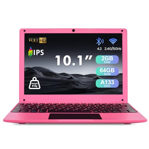 Fwmntu Mini Laptop Computer, 10.1 inch Android 13, 2GB RAM, 64GB Storage, HD IPS Display, 1280x800 Pixel, Portable Netbook with Allwinner A133 CPU (Pink)