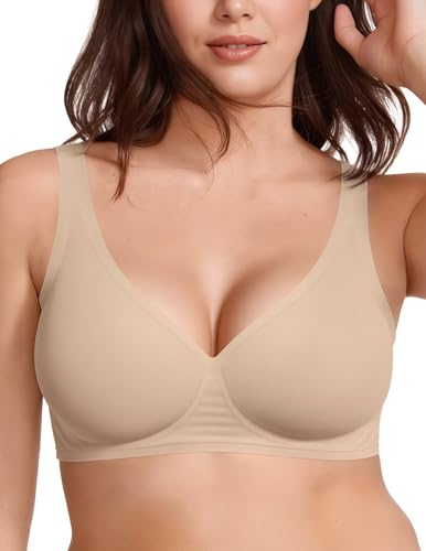 Vertvie Wireless Jelly Bras for Women Seamless Push Up Bra Deep V Plunge T Shirt Bras Non Wired Soft Support Full Coverage Everyday Bralettes (Dark Nude,M)