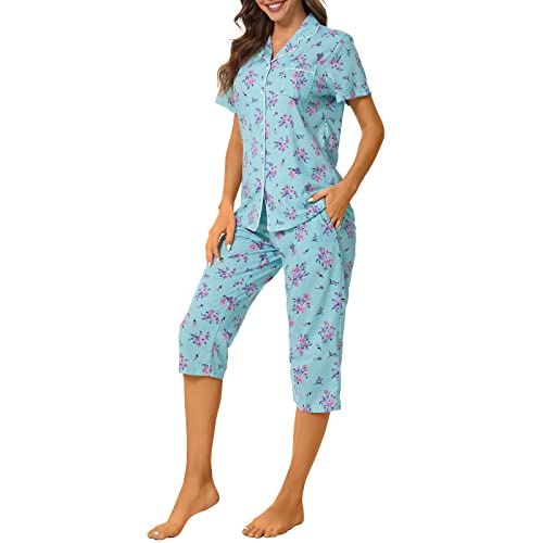 Image of Tugege Capri Pajamas Set Womens Button Down Short Sleeve Lounge Sets Sleepwear Notch Collar Top & Capri 2 Piece PJ Sets