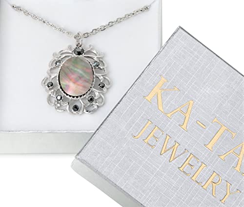 Ka-Tal' Silver-Tone Black Mother-Of-Pearl Vintage Pendant Necklace Rhodium Plated With Simulated Hematite Crystals With 16" Chain And 3" Extender Beautifully Gift Boxed #TOP5