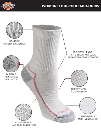 Image of Dickies Women's Dri-tech Advanced Moisture Wicking Mid-crew Socks, Available in M-l (6, 12 Pairs)