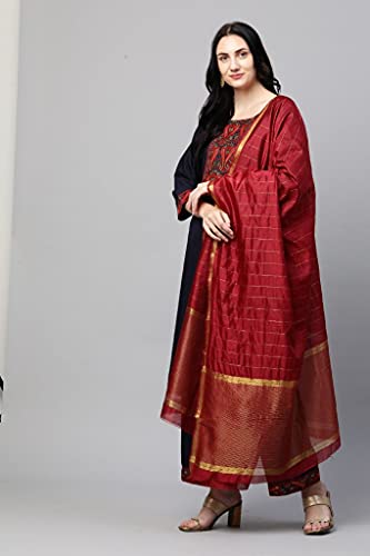 Image of GoSriKi Women's Cotton Straight Kurta with Palazzo & Dupatta (Morning Dark Blue)