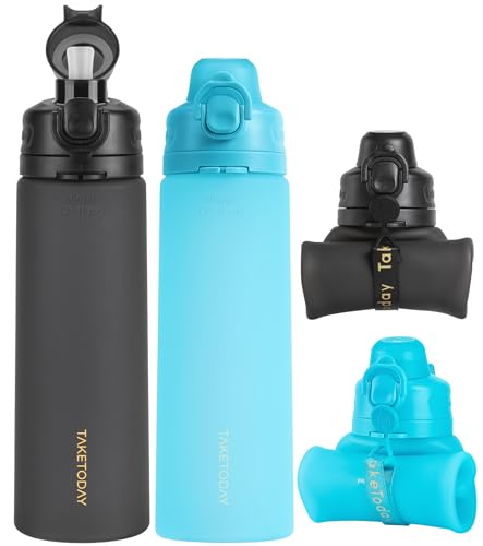TakeToday Collapsible Water Bottles 21oz (2 pack), Foldable Platinum Silicone Travel Water Bottle...