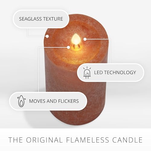 Image of Luminara Sea Glass Flameless Candle, Harvest Pumpkin 3 inch x 4.5 inch, Moving LED Flame Pillar with Timer, Battery Operated, Real Wax, Unscented Home Decor