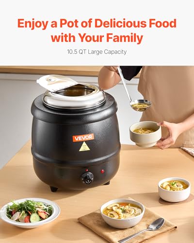 Image of VEVOR Electric Soup Warmer, 10QT Commercial Soup Kettle with 304 Stainless Steel Detachable Insert Pot, 95~176F Adjustable Temperature, Soup Station for Restaurant and Big Family, Black