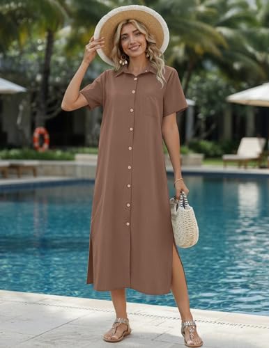 Image of HOTOUCH Womens Dress Summer Casual Midi Short Sleeve Button Down Shirt Dresses Loose Beach Cover Up with Pockets