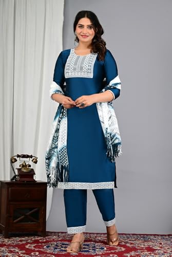 Image of Women's Silk Embroidered Kurta with Pant and Dupatta Set, Straight Style