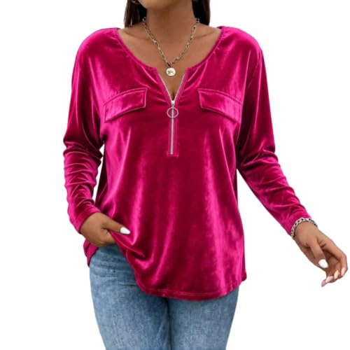 Going Out Tops Womens Velvet Half Zip Crew Neck Long Sleeve Shirts Hot Pink