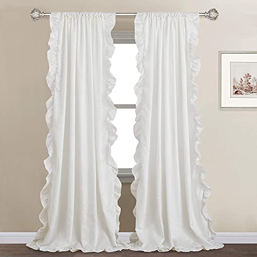 StangH White Curtains 95 inches Long with Shabby Chic Ruffle Trim, Faux Silk Opaque Panels for Backdrop / Bathroom Shower Curtains / Canopy Bed Curtains / Closet Curtains, W52 x L95, 2 Panels