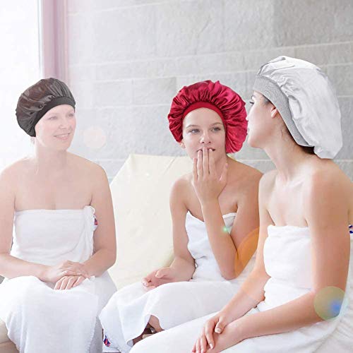 Number-one Satin Sleep Cap 3 Pieces Elastic Wide Band Satin Bonnet Soft Sleeping Hat Cap for women, Night Sleeping Head Cover for Good Sleeping Fits for Most Women and Girls(Silver, Black, Wine Red)