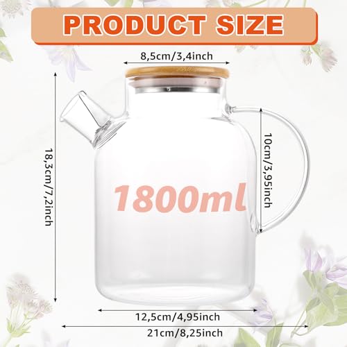 APACALI 1 Stück Glasteekanne, 1800ML Teekanne mit Siebeinsatz, Teekanne Glas mit Holzdeckel, Transparente Teekannen Herdplattensichere für lose Blätter und blühenden Tee