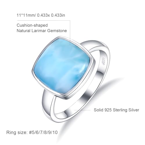 Natural Larimar Ring for Women, 925 Sterling Silver 11x11mm Square Blue Gemstone Engagement Eternity Band Ring2