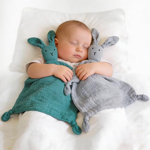 Image of ZIGJOY Bunny Lovey Muslin Cotton Baby Security Blanket Soft Breathable Lovies for Babies Gifts for Newborn Infant Toddler Boys and Girls, Grey & Blue