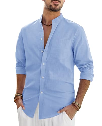 J.VER leinenhemd Herren Langarm Herrenhemd Baumwolle Leinen Stehkragenhemd Sommer Hemd Langarmhemd Männer,Hellblau,L J.VER leinenhemd Herren Langarm Herrenhemd Baumwolle Leinen Stehkragenhemd Sommer Hemd Langarmhemd Männer,Hellblau,L