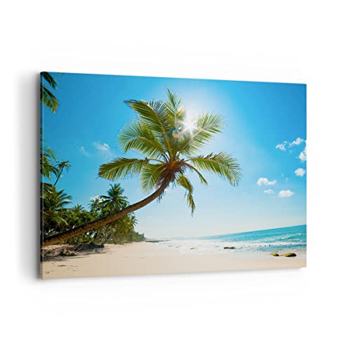 Moderne Impression sur Toile 100x70cm Image Tableau Decoration Murale plage palmier mer Grand Tableaux Decoratifs Muraux Chambre Cuisine Horizontal Deco Cadre Décoration Salon Art Wall AA100x70-3570