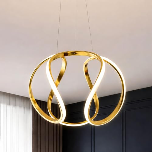 Image of Modern Curvy Gold Finish Spiral Shape Energy Saving Led Pendant Hanging with 3 Different Color Mode (Warm White, Cool White, Neutral White) for Bedroom, Living Room, Restaurants, Dining, Home