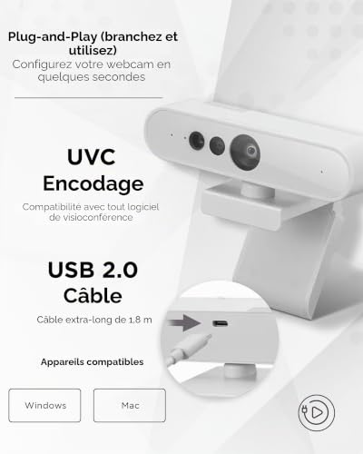 Lenovo Webcam HD 1080p (510 FHD) – Caméra de Surveillance avec Zoom numérique 4X, Grand Angle de 95°, Rotation à 360° et Inclinaison – Caméra de Bureau avec Double Microphones et Windows Hello pour