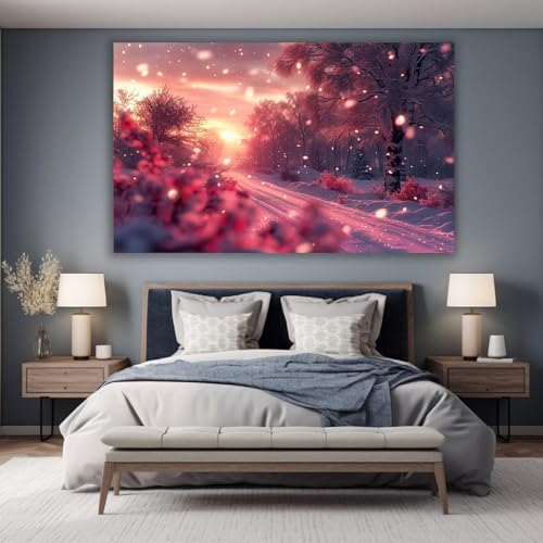Tableau toile déco coucher de soleil d'hiver peinture paysage forêt rose or pour mur salon