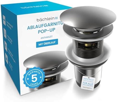 Bächlein Universal Ablaufgarnitur mit Überlauf – Anthrazit | Universal Pop Up Ablauf-Ventil aus Messing – Abflussgarnitur für Waschbecken und Waschtisch mit Überlauf – Push-Push-Fu