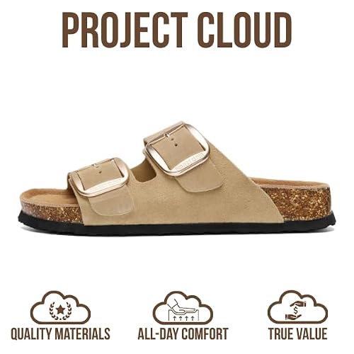 Project Cloud Genuine Leather Flat Sandals for Women 2026 Comfortable Beach Essentials Womens Sandals Memory Foam Vacation Essentials Slides for Women Footwear (Santorini, CML,8.5)