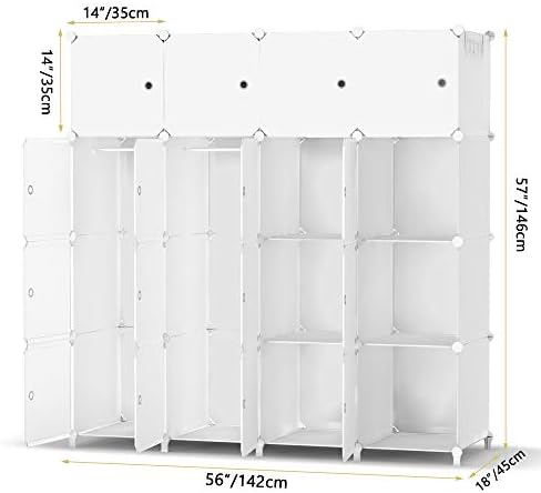 HOMIDEC Upgraded Portable Wardrobe, 16 Cube Foldable Closet with 3 Clothes Hanging Rails, Deeper Cube Clothes Storage Organizer Shelf for Bedroom, White