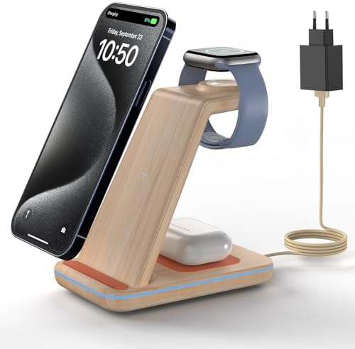 GEEKERA Wireless Charger, 3 in 1 Induktive Ladestation für iPhone Duo/18/Air/17/16/15/14/13/12/11/Pro Max, Ladestation für Apple Watch Ultra 4-1/12-2/SE, Kabelloses Ladegerät für A