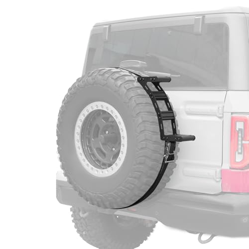 BUNKER INDUST Spare Tire Step with Ratchet Strap for 31"-40" Tires, Heavy Duty Spare Wheel Step Nonslip Ladder for Vehicle Car SUV Roof Rack Cargo Access