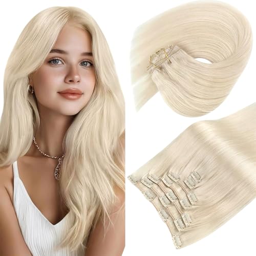 Image of Sunny Hair Clip in Hair Extensions Real Human Hair Platinum Blonde 14 Inch | Clip in Extensions Real Human Hair, Natural Blend and Soft Layers with Gentle Movement Designed for Evening Event 105g