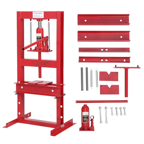 Hydraulic Press, H-Frame Pneumatic Shop Press with Plates, Heavy Duty Garage Floor Shop Press Tool, Adjustable Work Table Height for Metalworking, Bearing Removal, Repair Bend