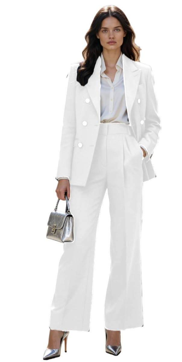 Womens Pants Suit 2 Piece Double Breasted Business Suit for Work Peak Lapel Prom Tuxedos Blazer Pants
