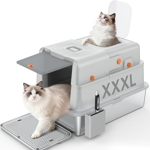 Soulbond XXXL Stainless Steel Litter Box with Lid, Large Covered Metal Cat Litter Box Enclosed for Large and Multi-Cat Families, Easy to Clean