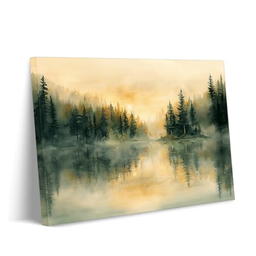 Tableau Toile Aquarelle Lac Brumeux Reflet Pins Format Panoramique 100x160cm