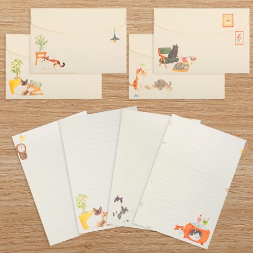 FNANJWQ 36 Stück Katzenbriefpapier Umschläge Set, Warmes Süßes Katzenmotiv Briefbögenblock liniert für Einladungen Geschenkdekorationen (24 Liniertes Briefpapier mit 12 Umschlägen)