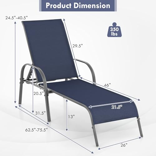 Image of Giantex 2 Pack Patio Lounge Chair, Outdoor Chaise Lounge with 5 Adjustable Backrest, Sturdy Steel Frame, Sunbathing Recliner, Beach Chair, Tanning Chair for Outside, Yard, Balcony, Pool Chairs, Navy