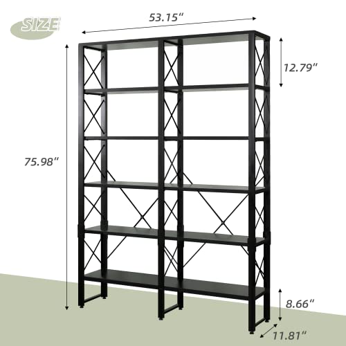 Mellcom Double Wide 6-Tier Bookshelf, Industrial Open Large Bookcase, Wood And Metal Tall Bookshelves For Living Room Bedroom Office, Black #TOP2